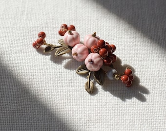 Handmade Botanical Brooch, Blush Pink Berry Lapel Pin, Cottagecore Floral Jewelry Accessory