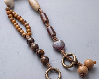 Ceramic Bead Strap, Cottagecore Wristlet Phone Chain | Kiln-Fired Pottery, Bronze Accents | 5.1 In