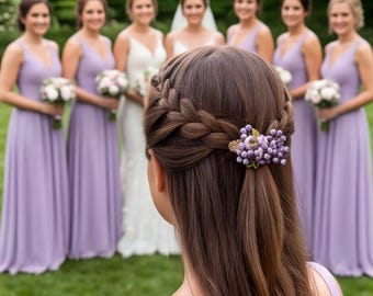 Woodland Bridal Hair Clip & Ethereal Bridesmaid Proposal Gift Box, Ceramic Purple Floral Hairpiece Rustic Spring Wedding Accessory