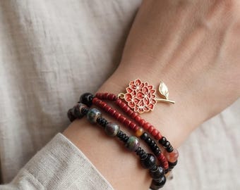 Double Wrap Red Black Bracelet|Ceramic Bead Boho Layered Jewelry|Mothers Day Gift for Mom