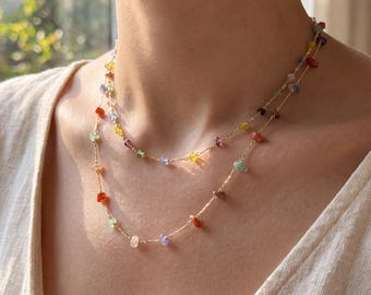 Layered Rainbow Gemstone Chip Necklace, Boho Summer Jewelry, Gold-Tone Alloy Chains