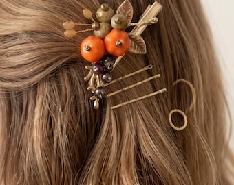Pinza para el cabello de cerámica naranja con diseño botánico de estilo vintage - Accesorio estilo cottagecore y hadas del bosque