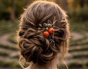 Accesorio rústico para el cabello de boda otoñal: pasador de novia de cerámica color oro antiguo con diseño de bayas.