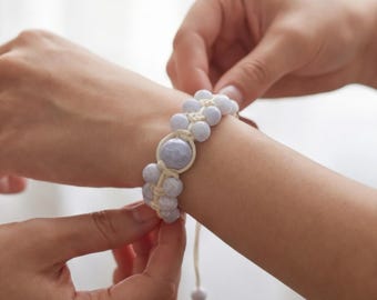 Calming Lavender Ceramic Bead Bracelet, Anxiety Relief Meditation Minimalist Jewelry,Hand Knotted Cotton Friendship Gift Adjustable Knot