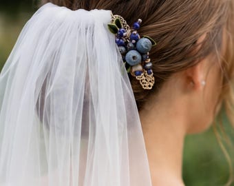 Horquilla para el cabello de novia: Cerámica floral azul - Acabado en oro antiguo