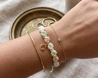 Custom Initial Handwoven Macrame Daisy Bracelet Birthstone Fairycore Bestie Gift