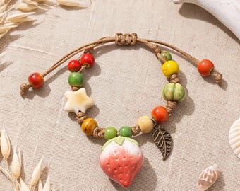 Handmade Ceramic Strawberry Bracelet, Adjustable Rope Cord Beaded Boho Hippie Jewelry, Whimsical Chunky Fruit Stacking Bracelet Women