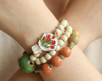 Mothers Day Gift | Double Wrap Ceramic Bead Bracelet | Boho Floral Jewelry | Mom Present Box
