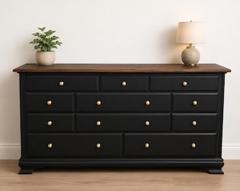 Solid Wood Black Dresser | 11 Drawer Dresser | Dark Coffee Stained Top | Large Bedroom Storage Cabinet | Modern Farmhouse Furniture