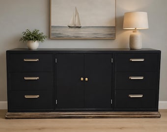 Thomasville 9 Drawer Dresser | Solid Wood Black Dresser | Buffet Sideboard Credenza | Hidden Storage Cabinet
