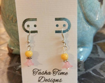 Floral, dangle earrings with pink flower petals & yellow and clear beads