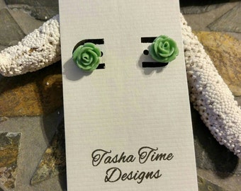 Sage green rose stud earrings with plastic findings for metal allergies