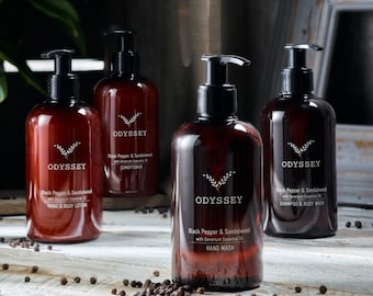 Black Pepper & Sandalwood Hand Wash, Shower Gel, Body Lotion Shampoo Set 4 x 300ml Bottles