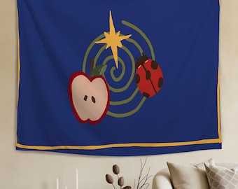 Personalisierter niedlicher Apfel- und Marienkäfer-Tapisserie, minimalistischer marineblauer Wandbehang, Karikatur-Stern-Spiralen-Design, Kawaii-Raum-Kinderzimmer-Dekor-Geschenk-Idee