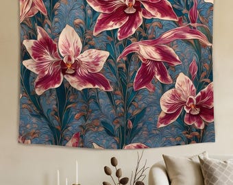 Orchid Floral Tapestry, Botanical Wall Hanging, Deep Red Blue Flower Art Tapestry, Ornate William Morris Style Room Decor, Elegant Tapestry