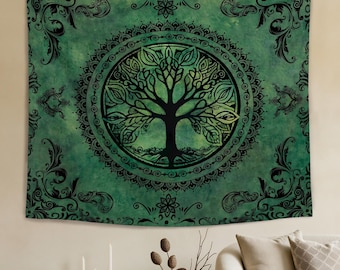 Vintage Grüner Baum des Lebens Mandala Wandteppich, Boho Verzierten Blumenrahmen Baum Wandbehang, Benutzerdefinierte Schlafzimmer Wohnzimmer Meditation Raumdekor