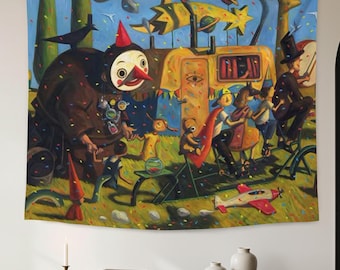 Surreal Circus Tapestry,Whimsical Children’s Party Wall Hanging,Abstract Clown Art Tapestry,Dreamlike Carnival Tapestry,Unique Kids Room Art