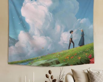 Personalized Cartoon Tapestry,Anime Wall Hanging,Whimsical Meadow Cloud Art Tapestry,Cozy Cottagecore Room Decor, Pastel Sky Nature Tapestry