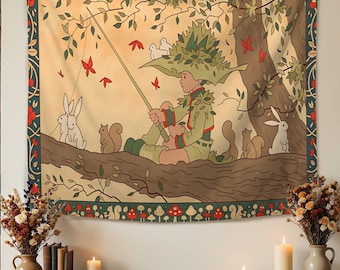 Forest Elf Fishing Tapestry, Whimsical Woodland Boy with Rabbit & Squirrel, Vintage Folk Art Wall Hanging,Nature Aesthetic Decor for Bedroom