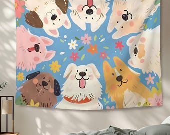 Personalisierte niedliche Hunde Wandbehang, glückliche Welpen Gruppe Wandbehang, Pastell Blumenhintergrund, Kawaii Ästhetik für Kinderzimmer und Kinderzimmer, Geschenkidee