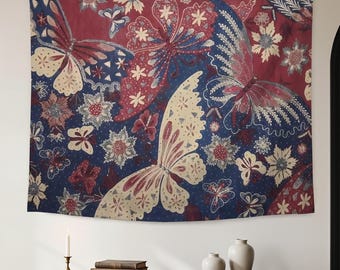 Boho Butterfly Floral Tapestry,Red Blue Ethnic Wall Hanging,Vintage Folk Art Tapestry, Ornate Flower Room Decor, Bohemian Butterfly Tapestry