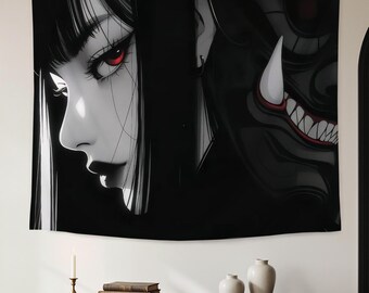 Dark Anime Girl Tapestry,Custom Wall Hanging,Black Red Gothic Art Tapestry,Mysterious Demon Girl Room Decor, Edgy Anime Horror Tapestry Gift