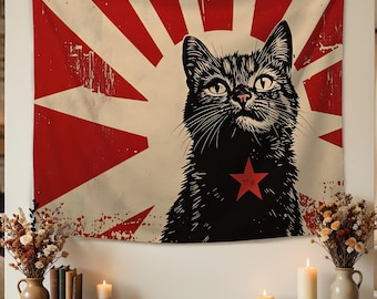 Personalized Retro Propaganda Black Cat Tapestry, Vintage Red Star Sunburst Cat Wall Hanging,Grunge Aesthetic Living Room Bedroom Decor Gift