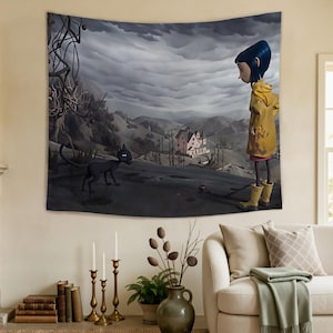 May include: A rectangular wall tapestry featuring a dark, cloudy landscape with a small pink house in the distance. A character with blue hair in a yellow raincoat and yellow boots stands on the right, facing a black cat on the left.
