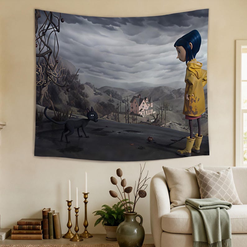 May include: A rectangular wall tapestry featuring a dark, cloudy landscape with a small pink house in the distance. A character with blue hair in a yellow raincoat and yellow boots stands on the right, facing a black cat on the left.