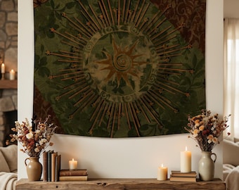 Moss Green Mandala Tapestry,Vintage Botanical WallHanging,Mystic Nature Aesthetic Backdrop,Floral Motif Tapestry,Living Room Decor,Gift Idea