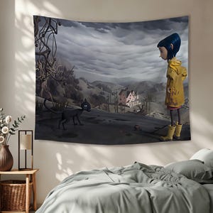 May include: A rectangular wall tapestry featuring a scene with a character in a yellow raincoat and blue hair standing near a black cat. The background shows a landscape with a pink house under a dark, cloudy sky and a bare, twisted tree.