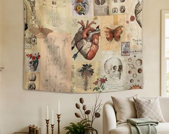 Vintage Anatomy Tapisserie, Renaissance Collage Wandkunst, Dark Academia Decor, Wissenschaftliche Illustration Wandbehang, Tapisserie Geschenke im antiken Stil