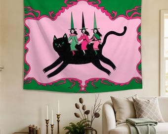 Witch Cat Tapestry,Vintage Halloween Wall Decor,Black Cat Witch Art,Gothic Fairy Tale Decor,Mystical Decor,Spooky Aesthetic Room Decor Gifts