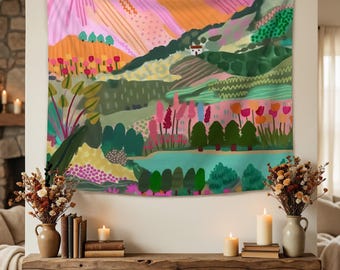 Kleurrijk landschap wandtapijt, bloemen landschap muur hangend, decor Cottagecore, natuur esthetische kunst, boho kunst aan de muur, pastel boerderij decor geschenken