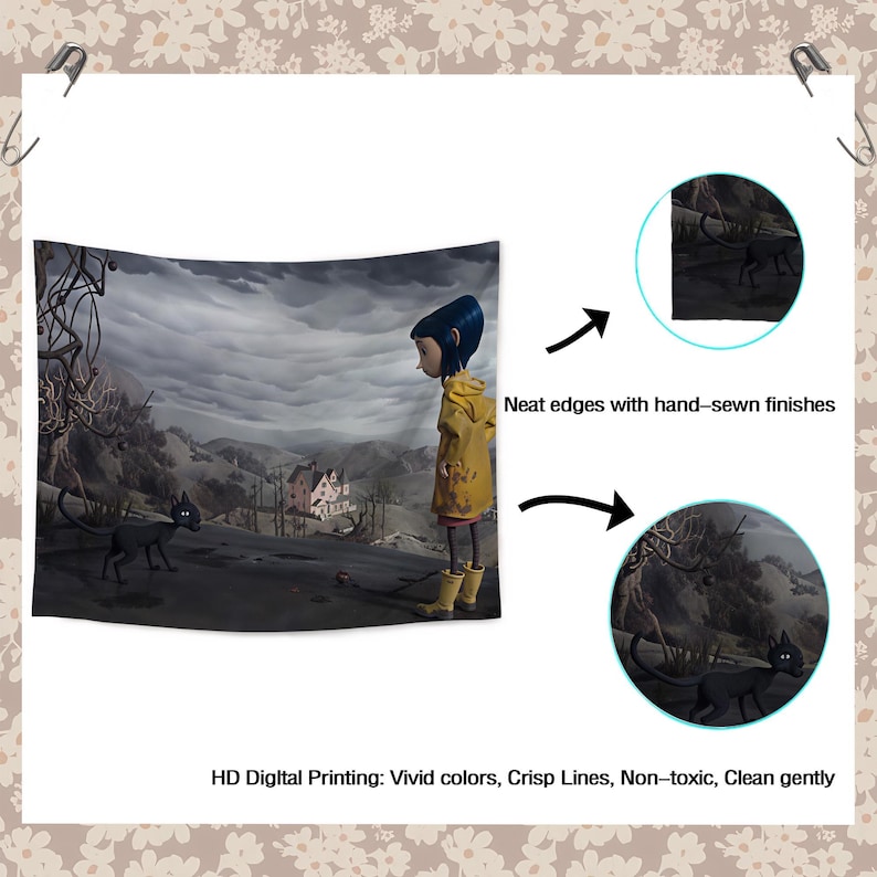 May include: A rectangular wall tapestry featuring a scene with a character in a yellow raincoat and a black cat standing in a landscape with a house under a cloudy sky. The text reads: Neat edges with hand-sewn finishes and HD Digital Printing.