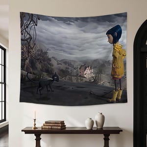 May include: A rectangular wall tapestry featuring a scene with a character in a yellow raincoat and blue hair standing near a black cat. The background shows a dark, cloudy sky over a landscape with a pink house, bare trees, and rolling hills.