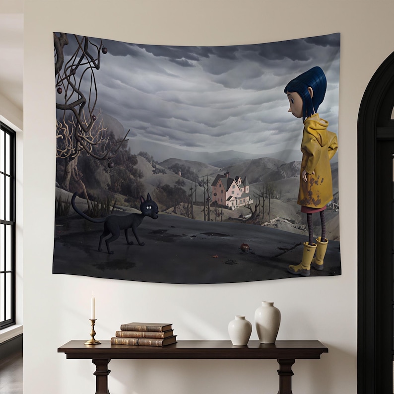 May include: A rectangular wall tapestry featuring a scene with a character in a yellow raincoat and blue hair standing near a black cat. The background shows a dark, cloudy sky over a landscape with a pink house, bare trees, and rolling hills.