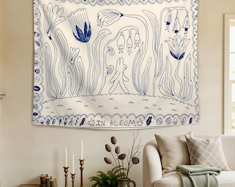 Minimal Line Art Tapestry,Blue White Illustration Wall Hanging,Modern Abstract Room Decor, Sketch Decor,Artistic Simple Tapestry,Decor Gifts