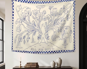 Arazzo minimalista con linee pulite, illustrazione blu e bianca da appendere alla parete, decorazione astratta moderna per la stanza, decorazione a schizzo, arazzo artistico semplice, regalo decorativo