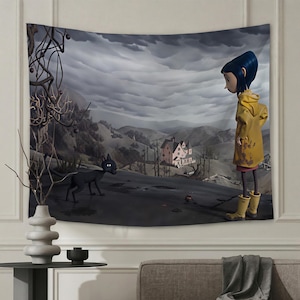 May include: A rectangular wall tapestry featuring a scene with a character in a yellow hooded raincoat and yellow boots standing on a dark, barren landscape. A black cat stands nearby, looking toward a pink house in the distance under a cloudy sky.