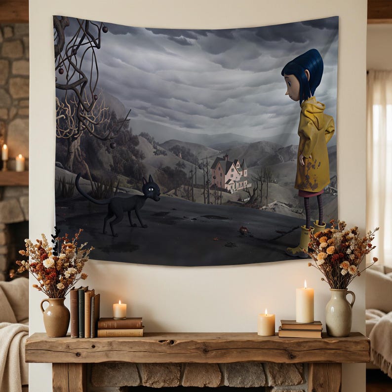 May include: A rectangular wall tapestry featuring a dark, moody landscape illustration. A character with blue hair in a yellow raincoat stands on the right, facing a black cat on the left. In the distance, a pink house sits among gray hills under a cloudy sky.