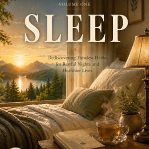 以下が含まれることがあります： A.J.ハダッド著『SLEEP: Rediscovering Timeless Habits for Restful Nights and Healthier Lives』。表紙には、夕暮れの山湖を望む寝室、湯気の立つティーカップ、小さな鉢植えが描かれています。