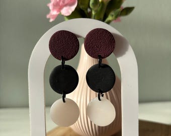 Burgundy Black Textured Dangle Earrings, Elegant Fall Drop Polymer Clay, Dark Academia Style, Hypoallergenic, Autumn Gift for Her