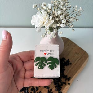 Green Monstera Leaf Stud Earrings, Polymer Clay Plant Lover Gift