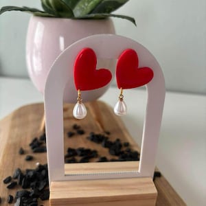 Red Pearl Heart Drop Earrings, Romantic Valentine Polymer Clay, Love Gift Style, Hypoallergenic, Girlfriend Anniversary Gift