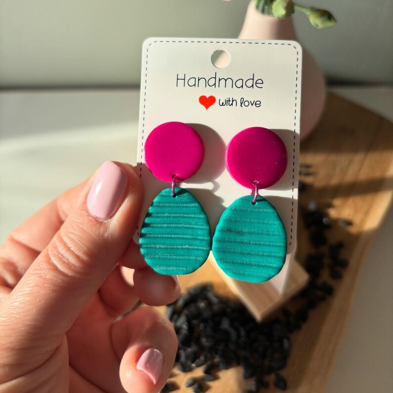 Turquoise Fuchsia Color Block Dangle Earrings, handmade polymer clay earrings by Polkabizzu