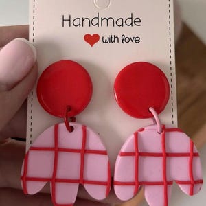 Raspberry Checkered Dangle Earrings, Grid Geometric Polymer Clay, Retro Y2K Bold Style, Hypoallergenic, Fun Birthday Gift for Her