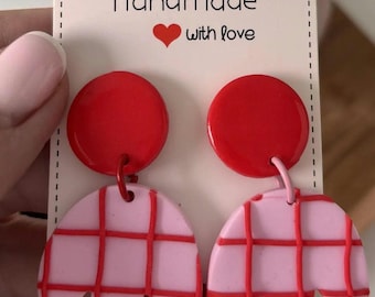 Raspberry Checkered Dangle Earrings, Grid Geometric Polymer Clay, Retro Y2K Bold Style, Hypoallergenic, Fun Birthday Gift for Her