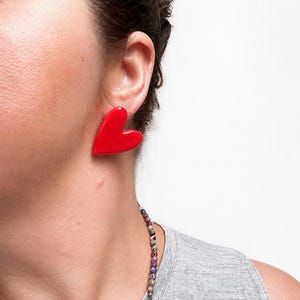 Red Heart Stud Earrings, Romantic Polymer Clay Jewelry, Valentine Style, Hypoallergenic, Valentine's Day Gift for Her image 2