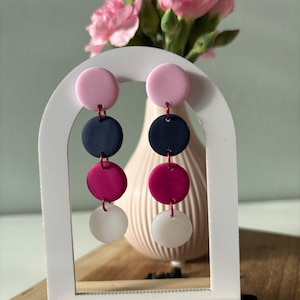 Pink Navy Color Block Dangle Earrings, Long Circle Drop Polymer Clay, Bold Modern Style, Hypoallergenic, Statement Gift for Her